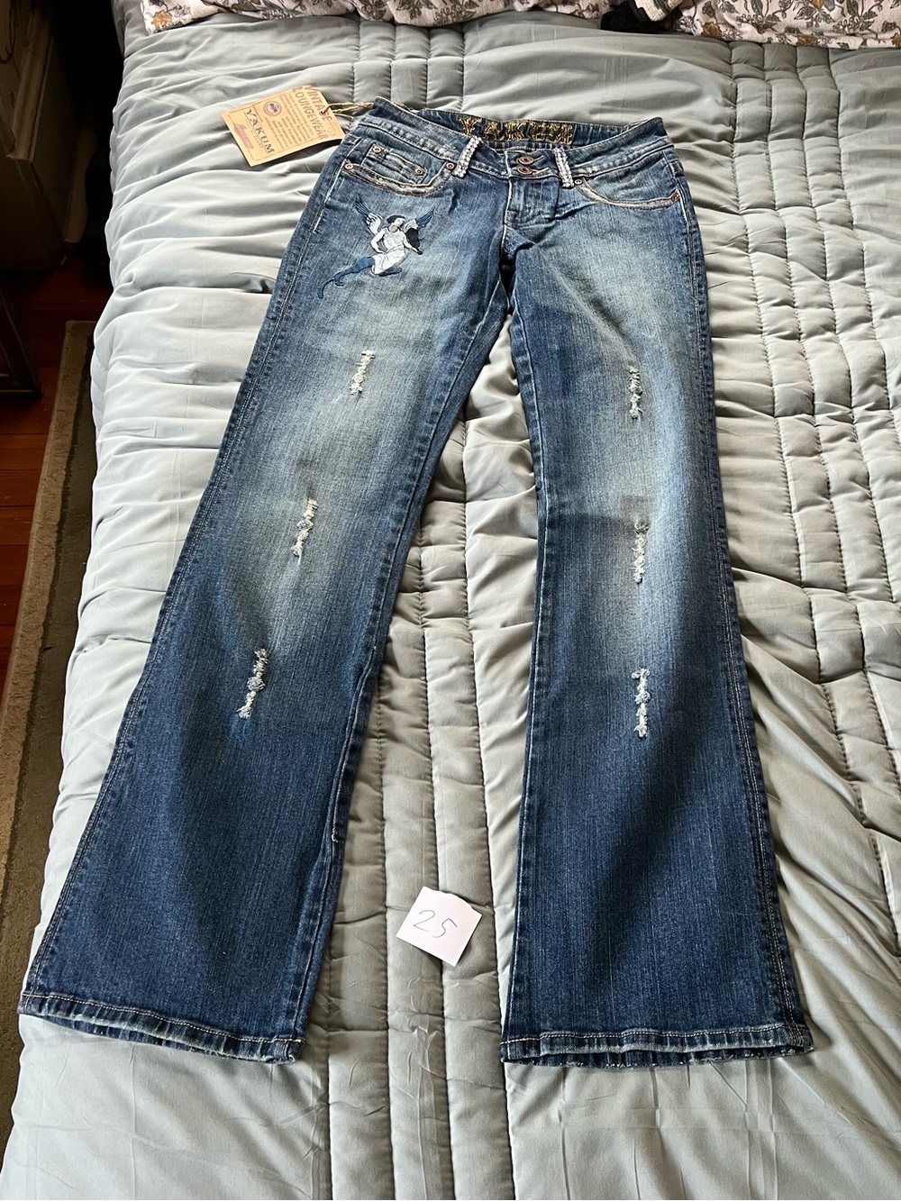 Vintage Yakum Medium Blue Flare Jeans with Embroidered Detail